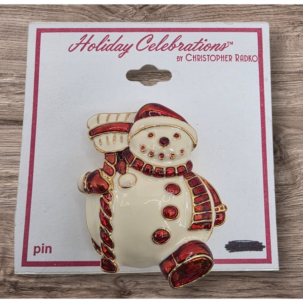 Christopher Radko Enamel Snowman Brooch Pin Xmas Holiday New Old Stock‎